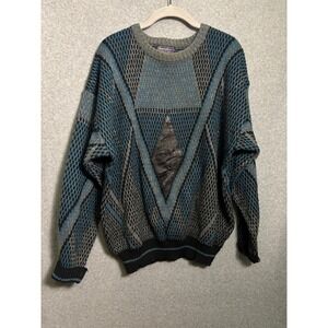 Vintage Barnaby Geometric Knit Sweater Men's XL‎ Leather Patch Grandpa Core 90s